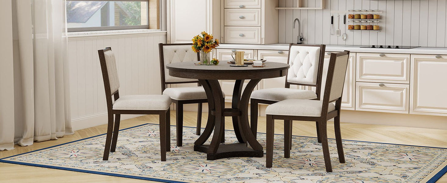 TREXM 5 - Piece Retro Functional Dining Table Set Extendable Round Table and 4 Upholstered Chairs for Dining Room and Living Room (Espresso) - 1st Choice Furniture Direct