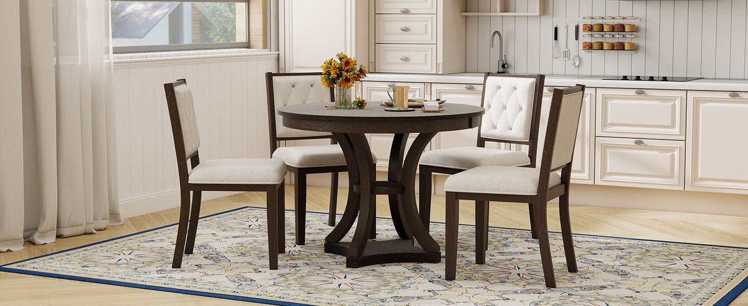 TREXM 5 - Piece Retro Functional Dining Table Set Extendable Round Table and 4 Upholstered Chairs for Dining Room and Living Room (Espresso) - 1st Choice Furniture Direct