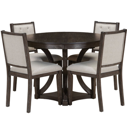 TREXM 5 - Piece Retro Functional Dining Table Set Extendable Round Table and 4 Upholstered Chairs for Dining Room and Living Room (Espresso) - 1st Choice Furniture Direct