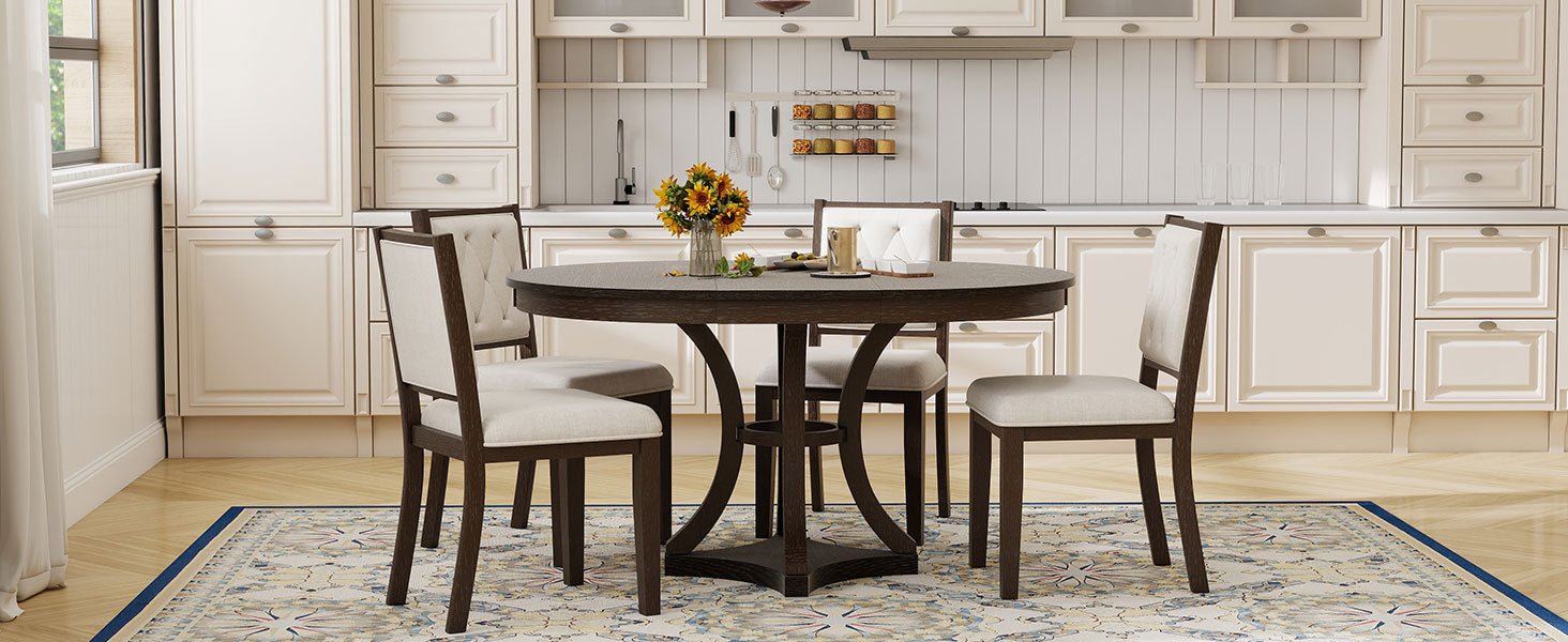 TREXM 5 - Piece Retro Functional Dining Table Set Extendable Round Table and 4 Upholstered Chairs for Dining Room and Living Room (Espresso) - 1st Choice Furniture Direct