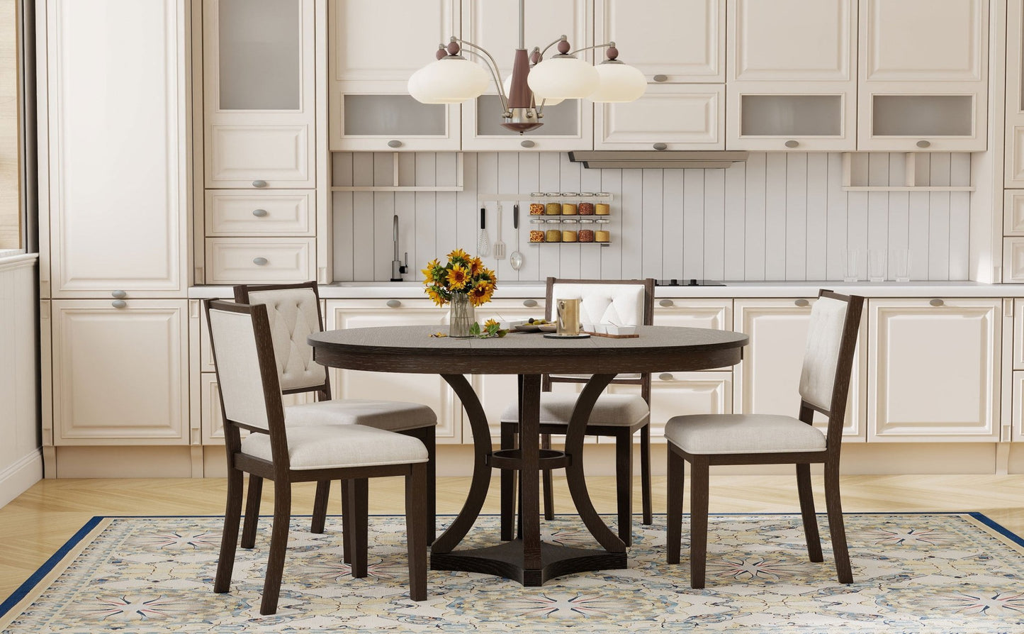 TREXM 5 - Piece Retro Functional Dining Table Set Extendable Round Table and 4 Upholstered Chairs for Dining Room and Living Room (Espresso) - 1st Choice Furniture Direct