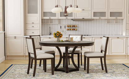 TREXM 5 - Piece Retro Functional Dining Table Set Extendable Round Table and 4 Upholstered Chairs for Dining Room and Living Room (Espresso) - 1st Choice Furniture Direct