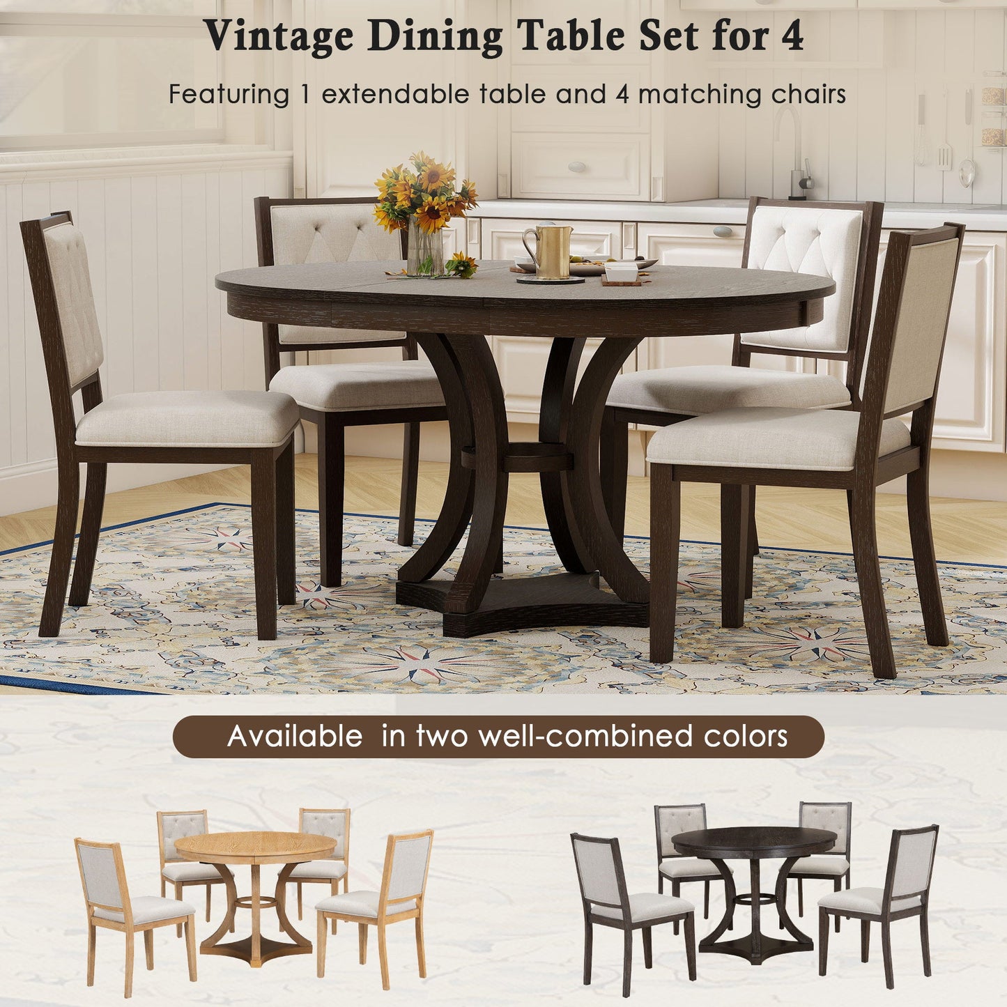 TREXM 5 - Piece Retro Functional Dining Table Set Extendable Round Table and 4 Upholstered Chairs for Dining Room and Living Room (Espresso) - 1st Choice Furniture Direct