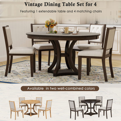 TREXM 5 - Piece Retro Functional Dining Table Set Extendable Round Table and 4 Upholstered Chairs for Dining Room and Living Room (Espresso) - 1st Choice Furniture Direct