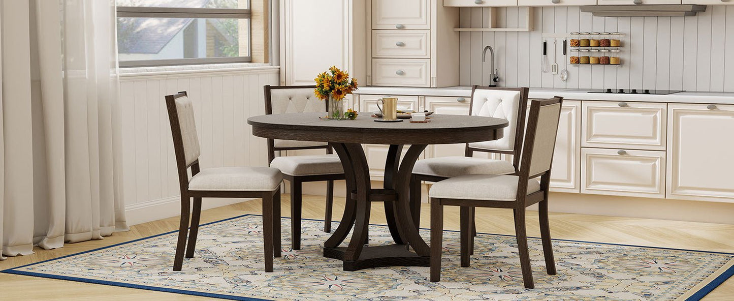 TREXM 5 - Piece Retro Functional Dining Table Set Extendable Round Table and 4 Upholstered Chairs for Dining Room and Living Room (Espresso) - 1st Choice Furniture Direct