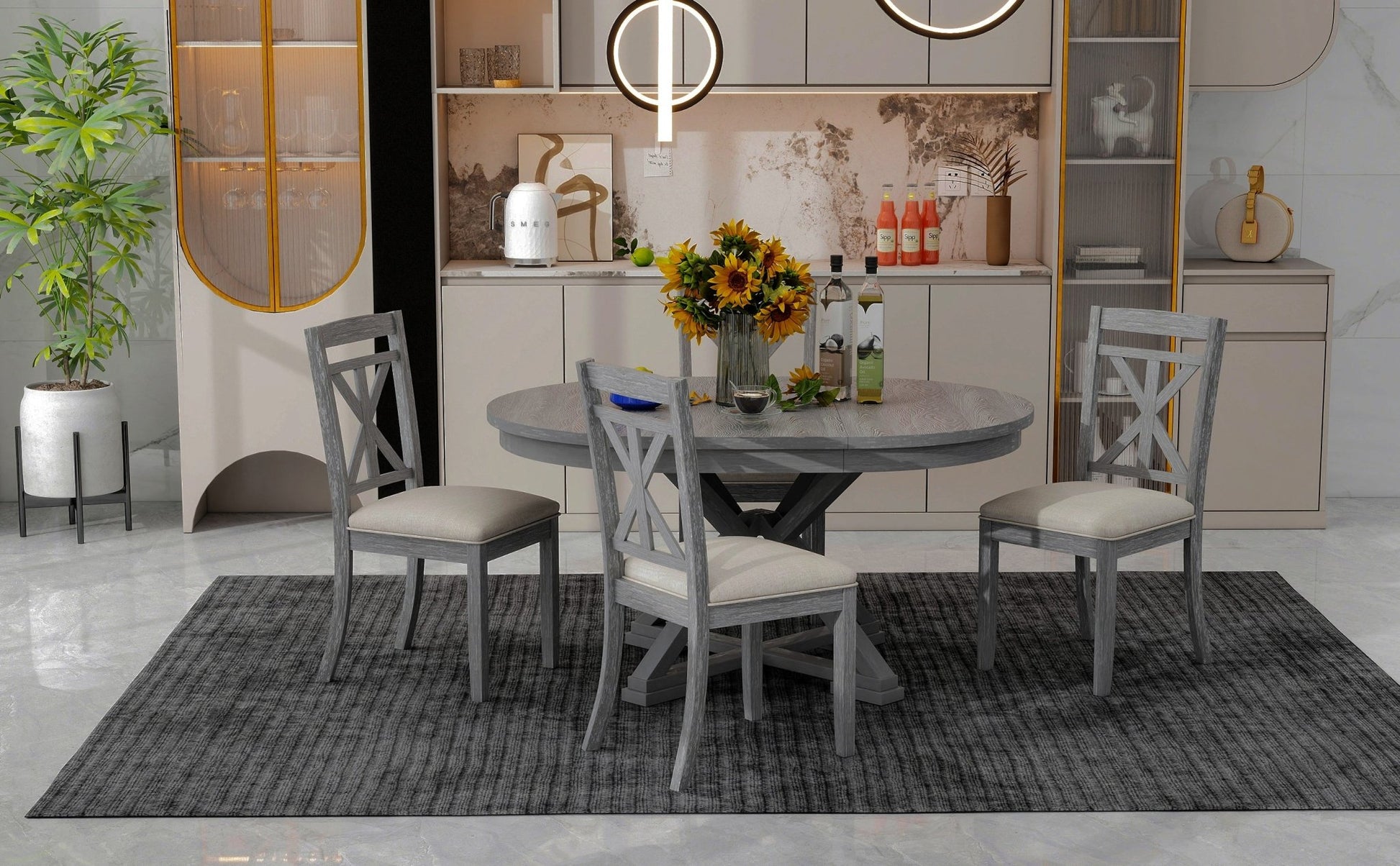 TREXM 5 - Piece Retro Functional Dining Table Set Extendable Round Table and 4 Upholstered Chairs for Dining Room and Living Room (Grey) - 1st Choice Furniture Direct