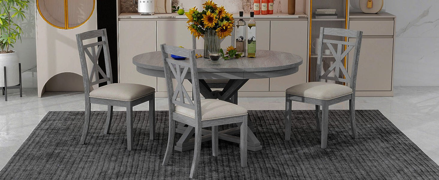 TREXM 5 - Piece Retro Functional Dining Table Set Extendable Round Table and 4 Upholstered Chairs for Dining Room and Living Room (Grey) - 1st Choice Furniture Direct
