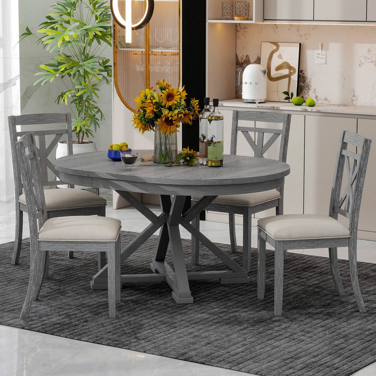 TREXM 5 - Piece Retro Functional Dining Table Set Extendable Round Table and 4 Upholstered Chairs for Dining Room and Living Room (Grey) - 1st Choice Furniture Direct