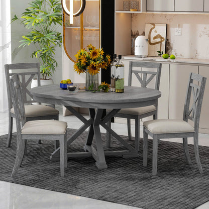 TREXM 5 - Piece Retro Functional Dining Table Set Extendable Round Table and 4 Upholstered Chairs for Dining Room and Living Room (Grey) - 1st Choice Furniture Direct