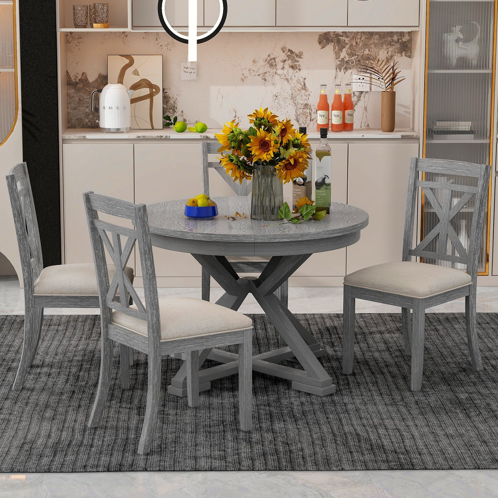 TREXM 5 - Piece Retro Functional Dining Table Set Extendable Round Table and 4 Upholstered Chairs for Dining Room and Living Room (Grey) - 1st Choice Furniture Direct