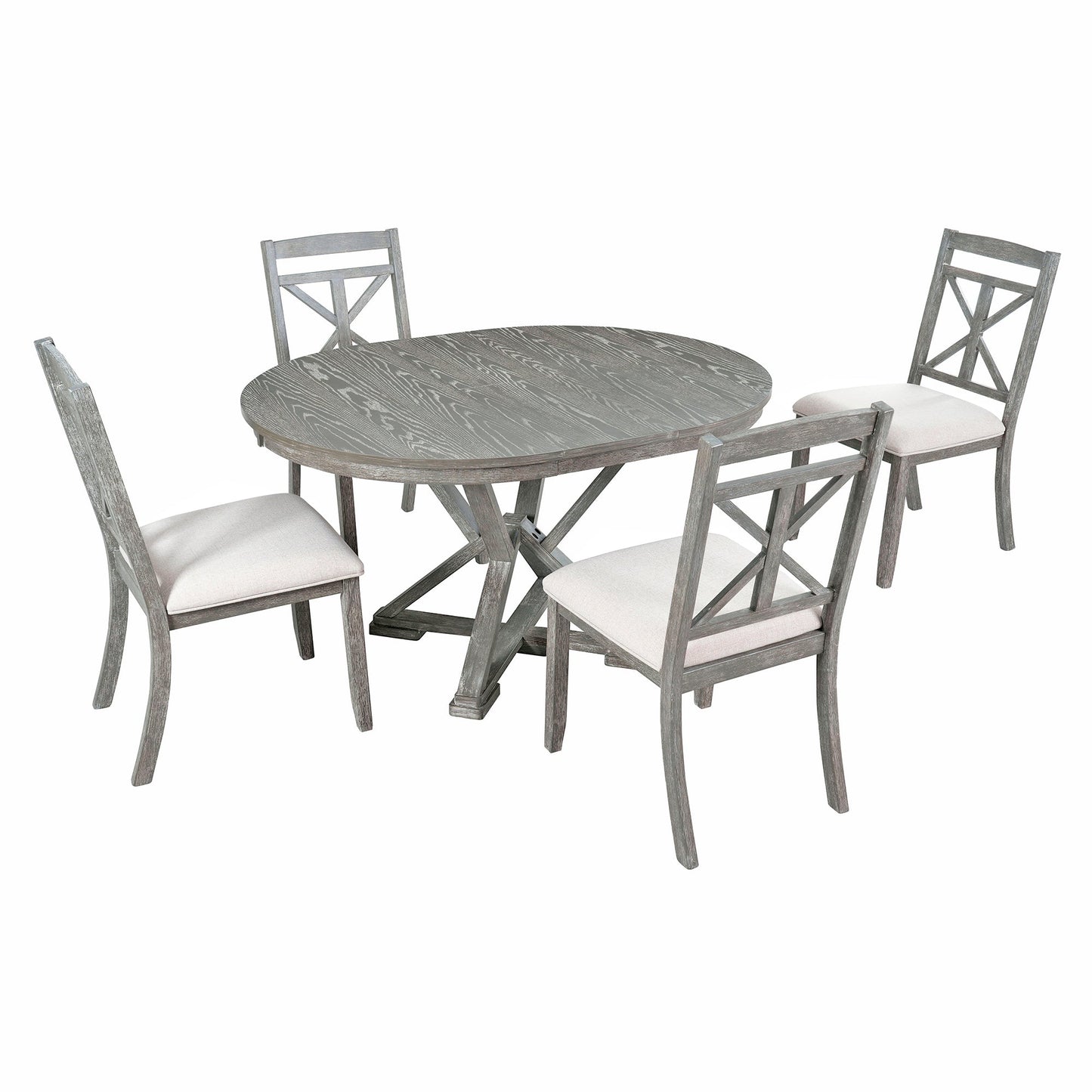 TREXM 5 - Piece Retro Functional Dining Table Set Extendable Round Table and 4 Upholstered Chairs for Dining Room and Living Room (Grey) - 1st Choice Furniture Direct