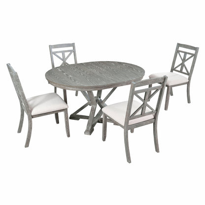 TREXM 5 - Piece Retro Functional Dining Table Set Extendable Round Table and 4 Upholstered Chairs for Dining Room and Living Room (Grey) - 1st Choice Furniture Direct