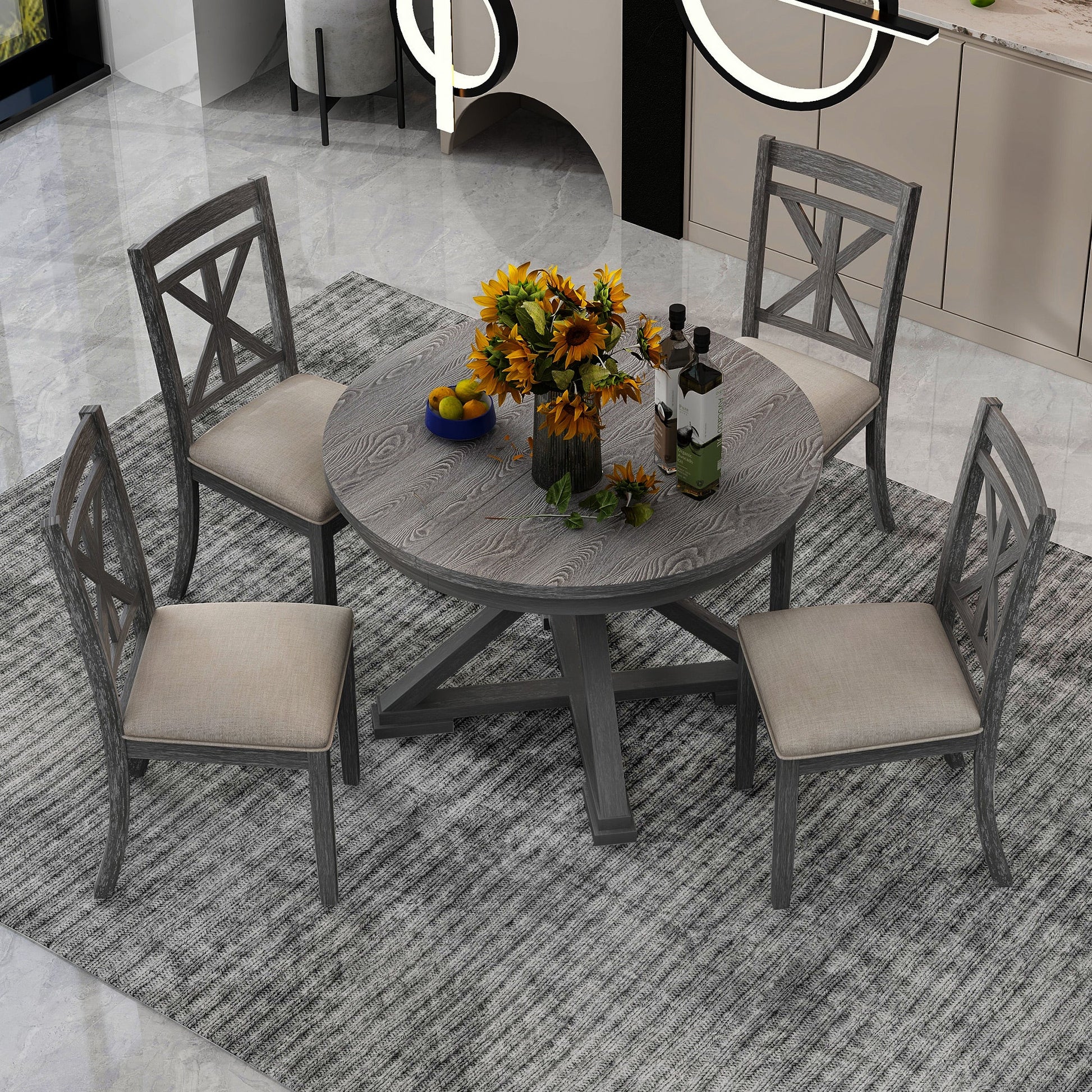 TREXM 5 - Piece Retro Functional Dining Table Set Extendable Round Table and 4 Upholstered Chairs for Dining Room and Living Room (Grey) - 1st Choice Furniture Direct