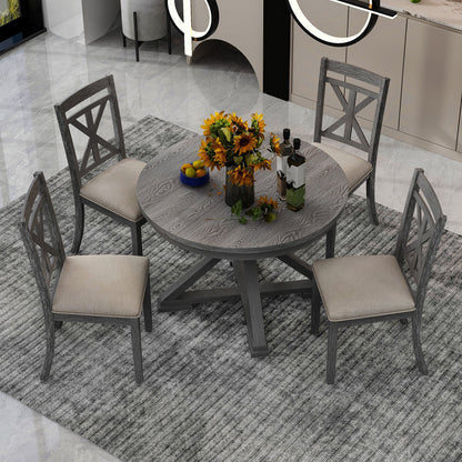 TREXM 5 - Piece Retro Functional Dining Table Set Extendable Round Table and 4 Upholstered Chairs for Dining Room and Living Room (Grey) - 1st Choice Furniture Direct
