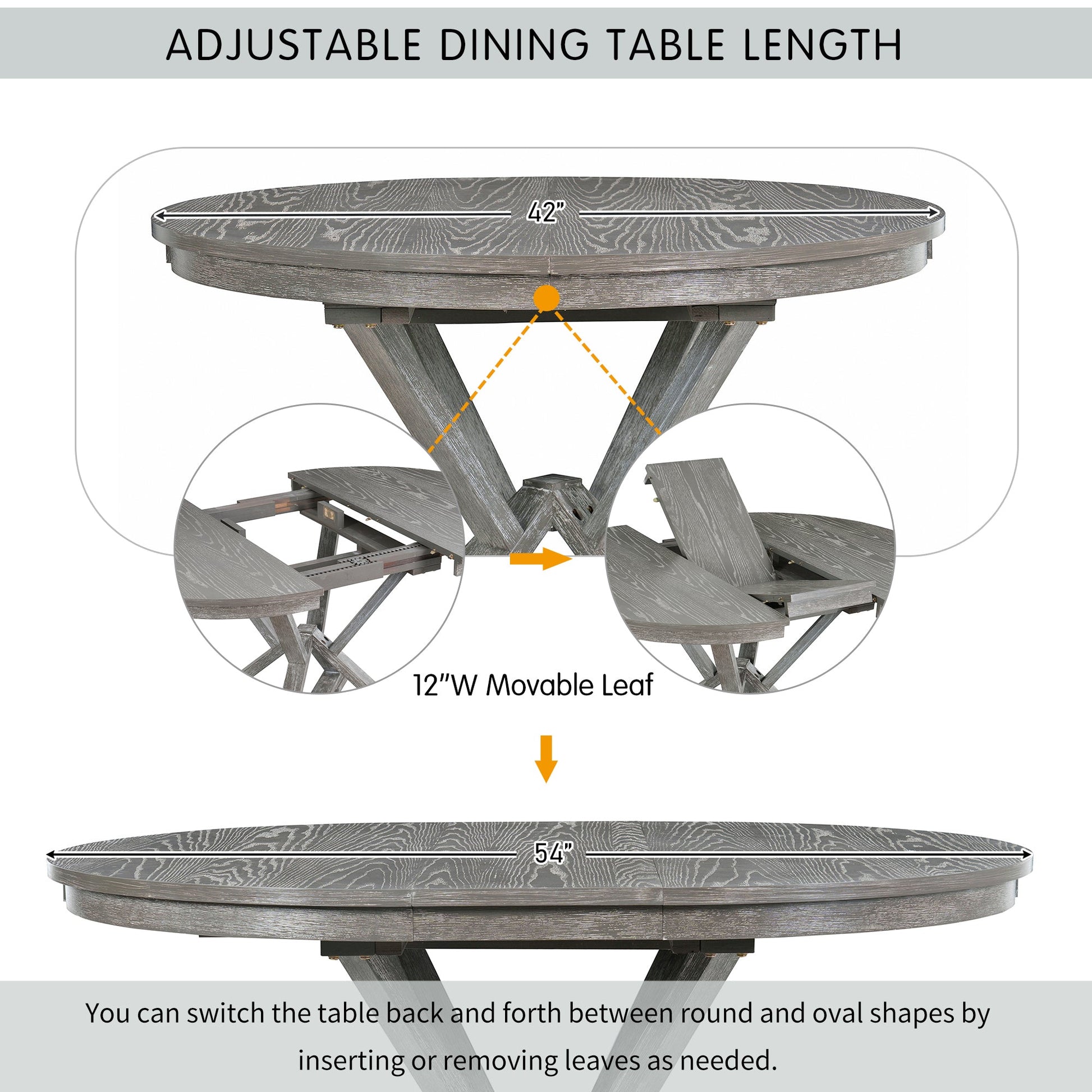 TREXM 5 - Piece Retro Functional Dining Table Set Extendable Round Table and 4 Upholstered Chairs for Dining Room and Living Room (Grey) - 1st Choice Furniture Direct