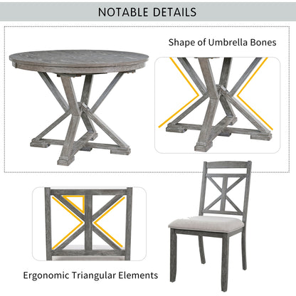TREXM 5 - Piece Retro Functional Dining Table Set Extendable Round Table and 4 Upholstered Chairs for Dining Room and Living Room (Grey) - 1st Choice Furniture Direct