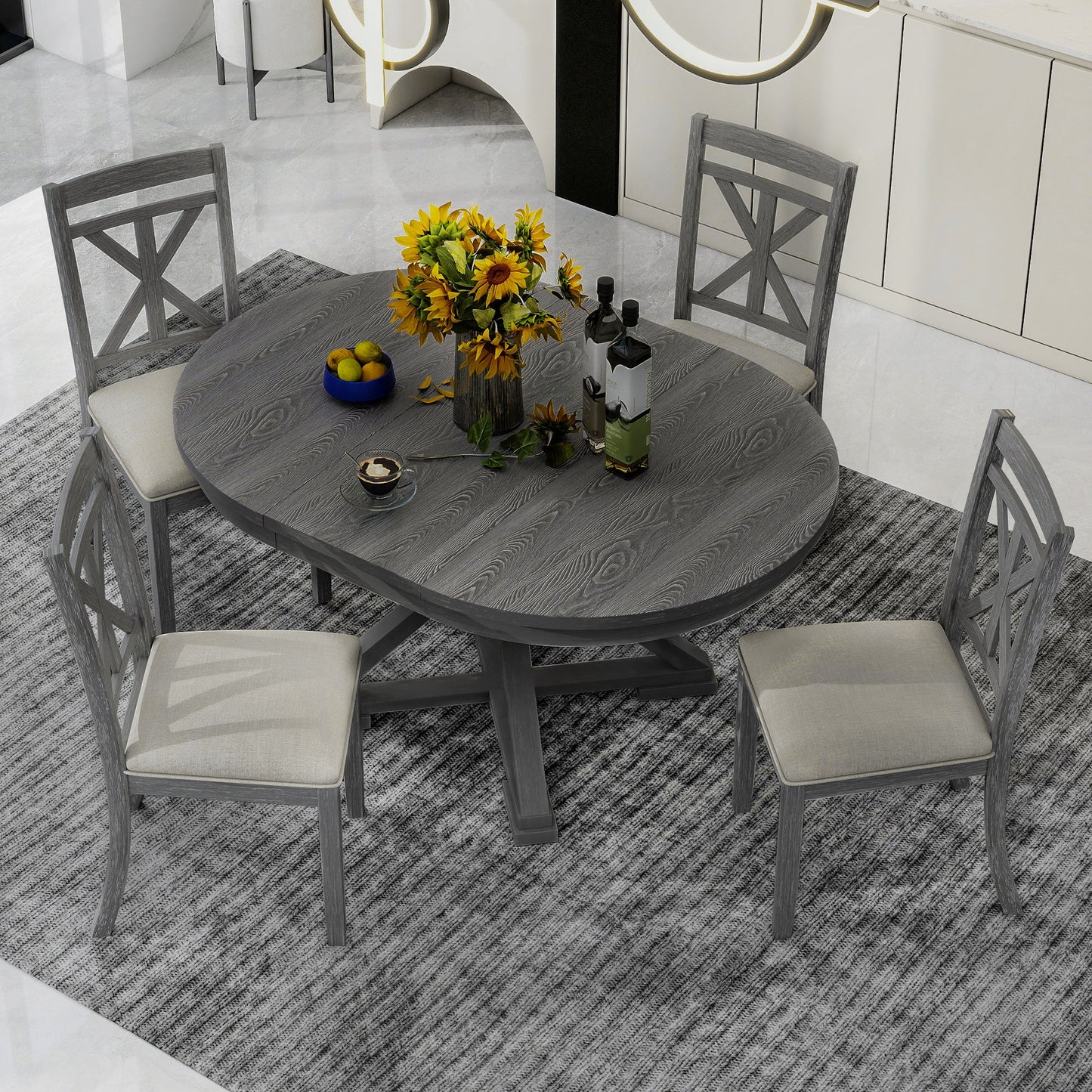 TREXM 5 - Piece Retro Functional Dining Table Set Extendable Round Table and 4 Upholstered Chairs for Dining Room and Living Room (Grey) - 1st Choice Furniture Direct