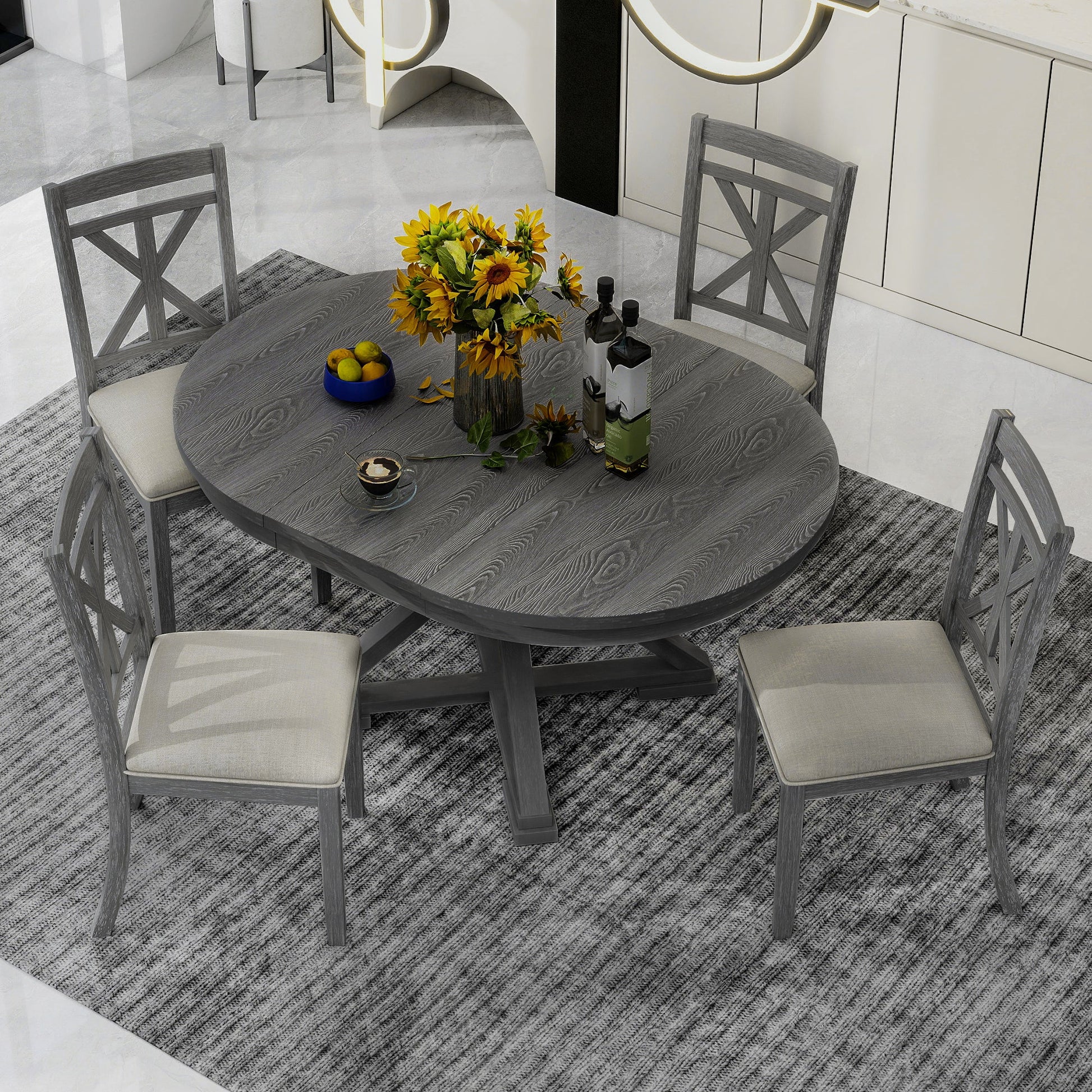 TREXM 5 - Piece Retro Functional Dining Table Set Extendable Round Table and 4 Upholstered Chairs for Dining Room and Living Room (Grey) - 1st Choice Furniture Direct