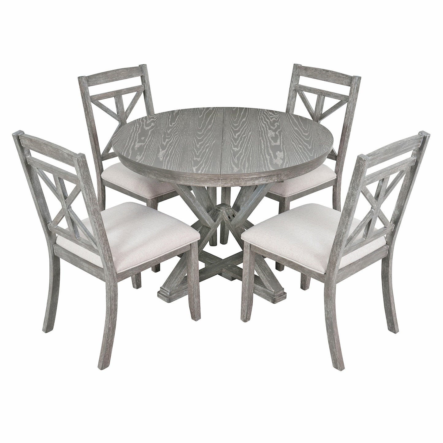 TREXM 5 - Piece Retro Functional Dining Table Set Extendable Round Table and 4 Upholstered Chairs for Dining Room and Living Room (Grey) - 1st Choice Furniture Direct