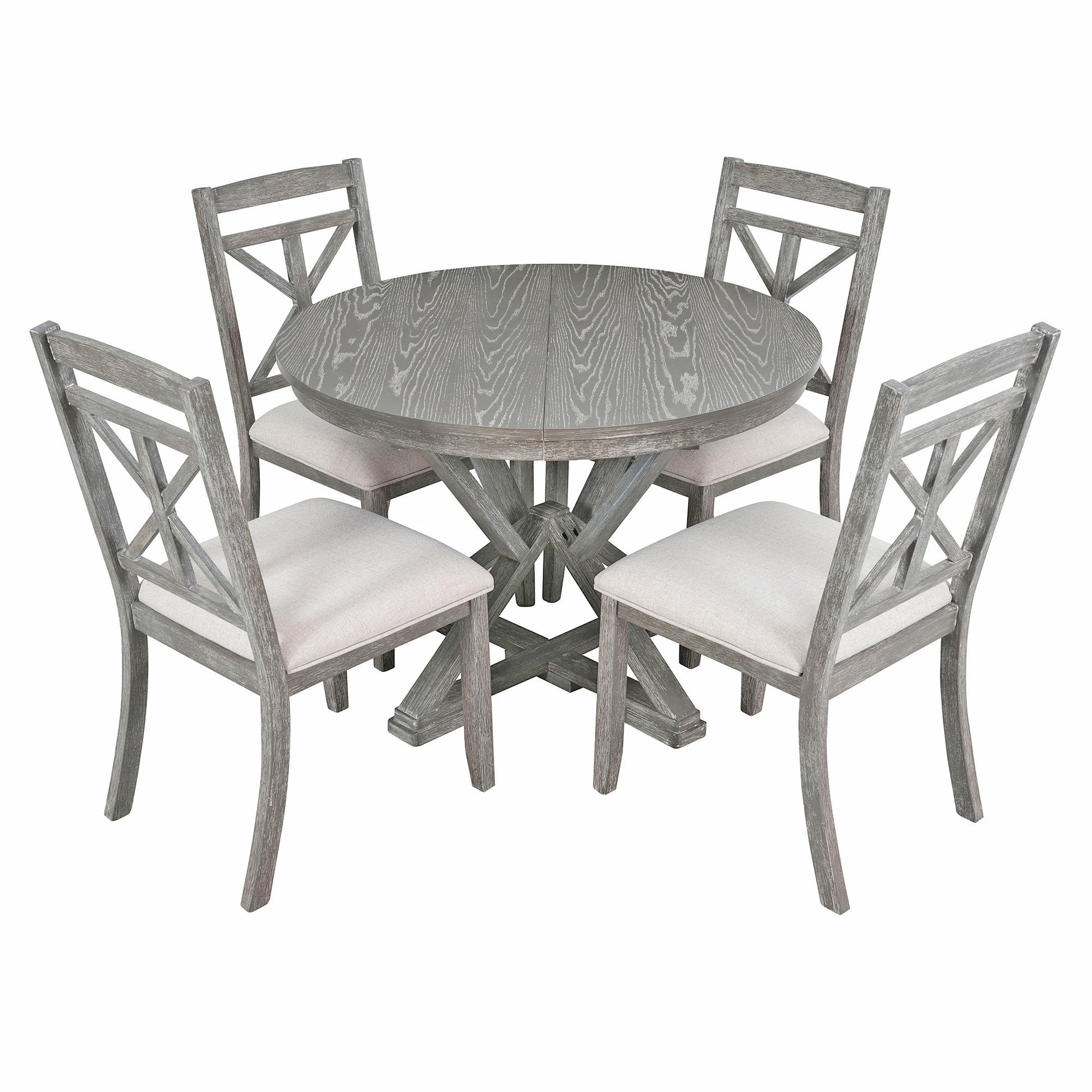 TREXM 5 - Piece Retro Functional Dining Table Set Extendable Round Table and 4 Upholstered Chairs for Dining Room and Living Room (Grey) - 1st Choice Furniture Direct