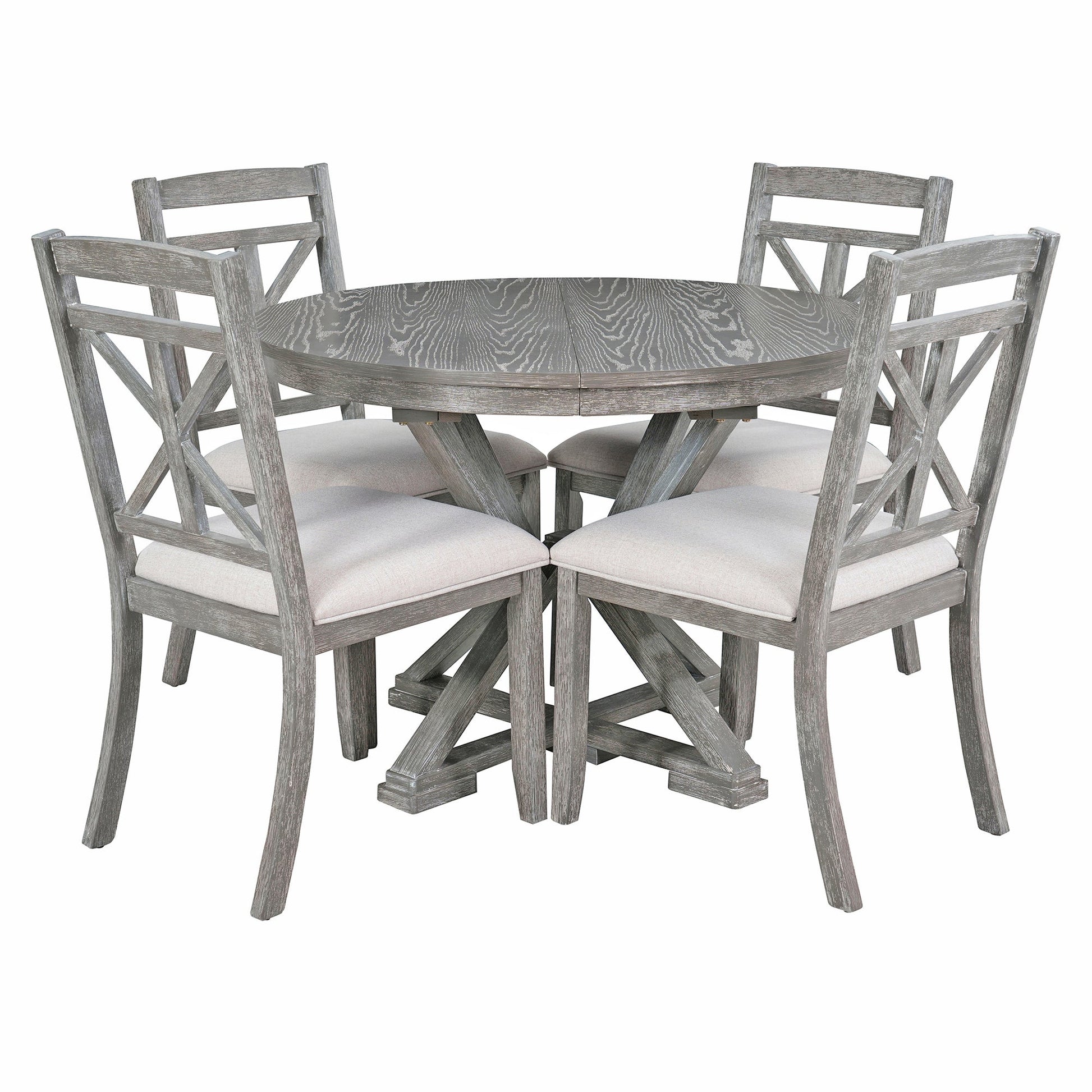 TREXM 5 - Piece Retro Functional Dining Table Set Extendable Round Table and 4 Upholstered Chairs for Dining Room and Living Room (Grey) - 1st Choice Furniture Direct