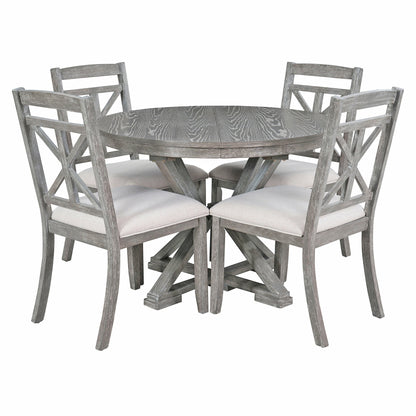 TREXM 5 - Piece Retro Functional Dining Table Set Extendable Round Table and 4 Upholstered Chairs for Dining Room and Living Room (Grey) - 1st Choice Furniture Direct