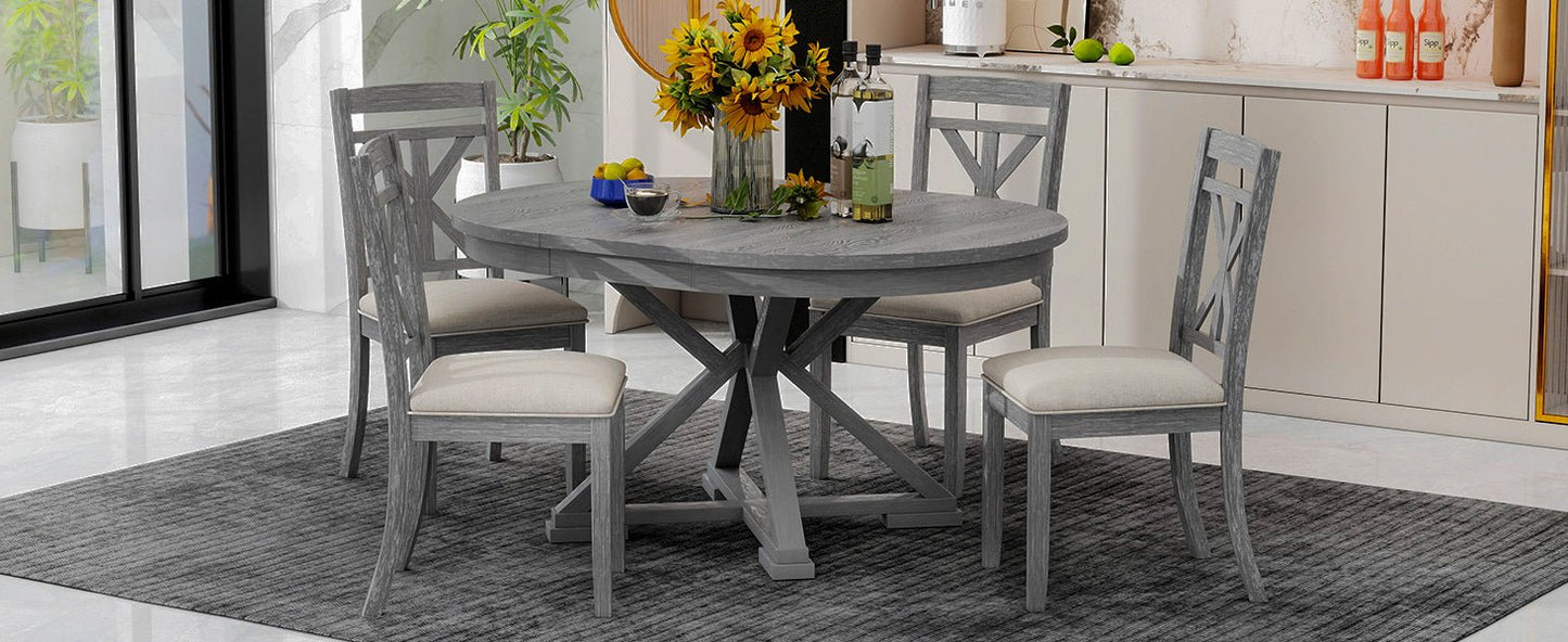 TREXM 5 - Piece Retro Functional Dining Table Set Extendable Round Table and 4 Upholstered Chairs for Dining Room and Living Room (Grey) - 1st Choice Furniture Direct