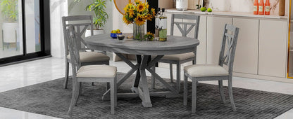 TREXM 5 - Piece Retro Functional Dining Table Set Extendable Round Table and 4 Upholstered Chairs for Dining Room and Living Room (Grey) - 1st Choice Furniture Direct