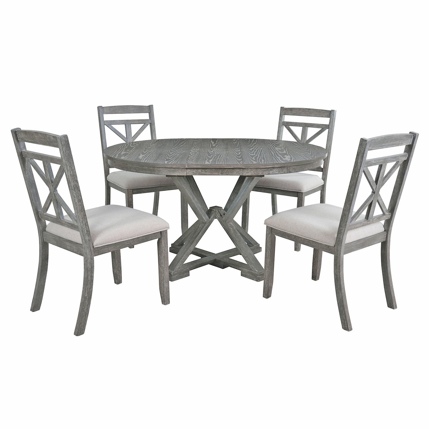 TREXM 5 - Piece Retro Functional Dining Table Set Extendable Round Table and 4 Upholstered Chairs for Dining Room and Living Room (Grey) - 1st Choice Furniture Direct