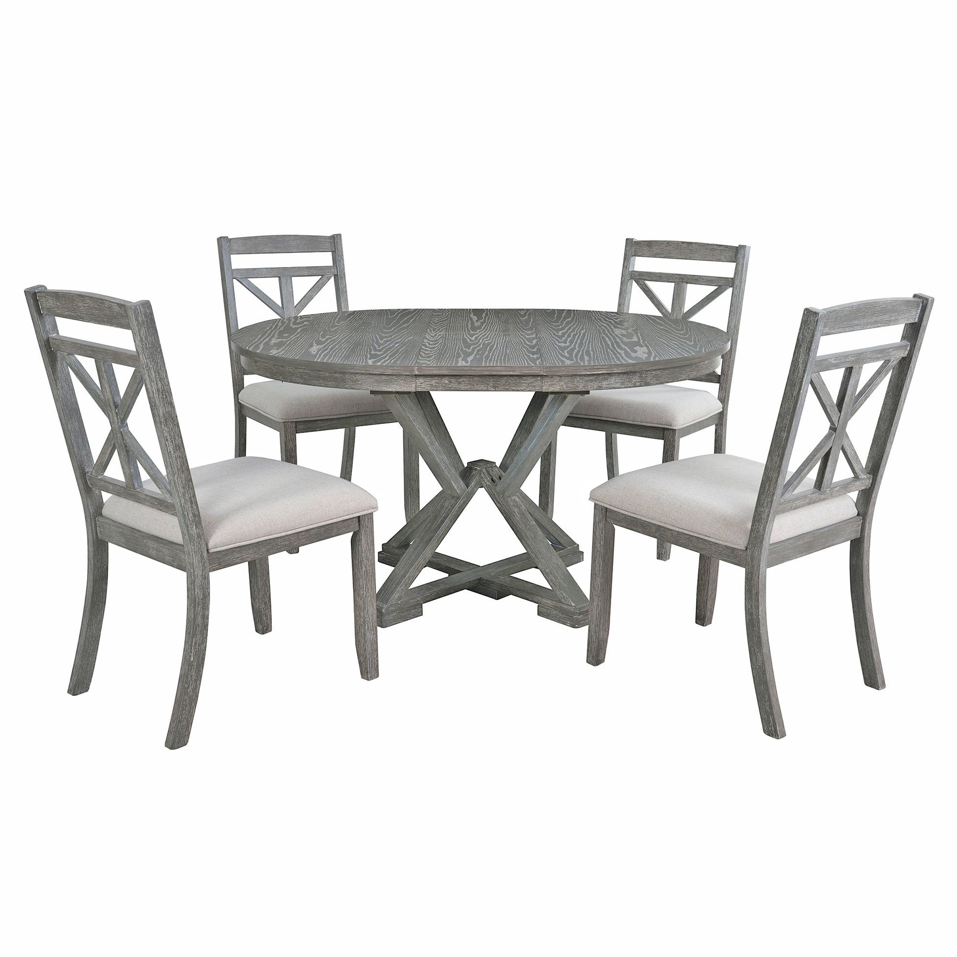 TREXM 5 - Piece Retro Functional Dining Table Set Extendable Round Table and 4 Upholstered Chairs for Dining Room and Living Room (Grey) - 1st Choice Furniture Direct