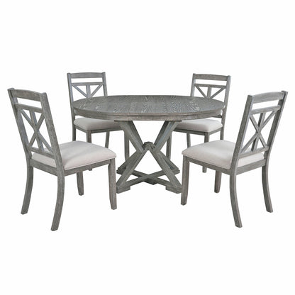 TREXM 5 - Piece Retro Functional Dining Table Set Extendable Round Table and 4 Upholstered Chairs for Dining Room and Living Room (Grey) - 1st Choice Furniture Direct