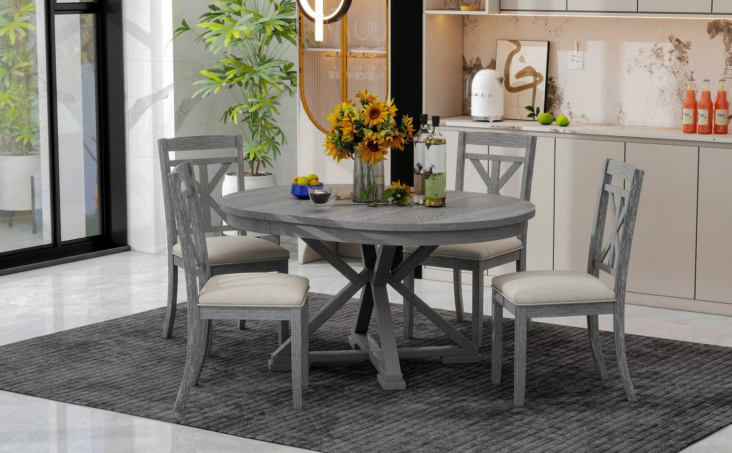 TREXM 5 - Piece Retro Functional Dining Table Set Extendable Round Table and 4 Upholstered Chairs for Dining Room and Living Room (Grey) - 1st Choice Furniture Direct