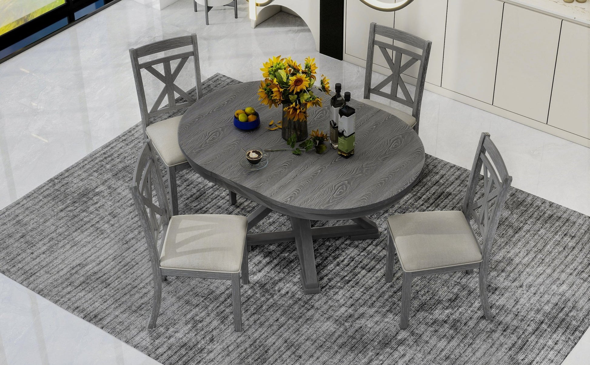TREXM 5 - Piece Retro Functional Dining Table Set Extendable Round Table and 4 Upholstered Chairs for Dining Room and Living Room (Grey) - 1st Choice Furniture Direct