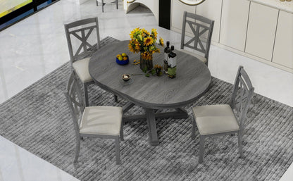 TREXM 5 - Piece Retro Functional Dining Table Set Extendable Round Table and 4 Upholstered Chairs for Dining Room and Living Room (Grey) - 1st Choice Furniture Direct