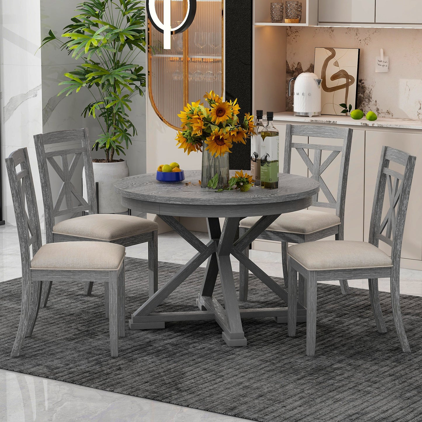 TREXM 5 - Piece Retro Functional Dining Table Set Extendable Round Table and 4 Upholstered Chairs for Dining Room and Living Room (Grey) - 1st Choice Furniture Direct