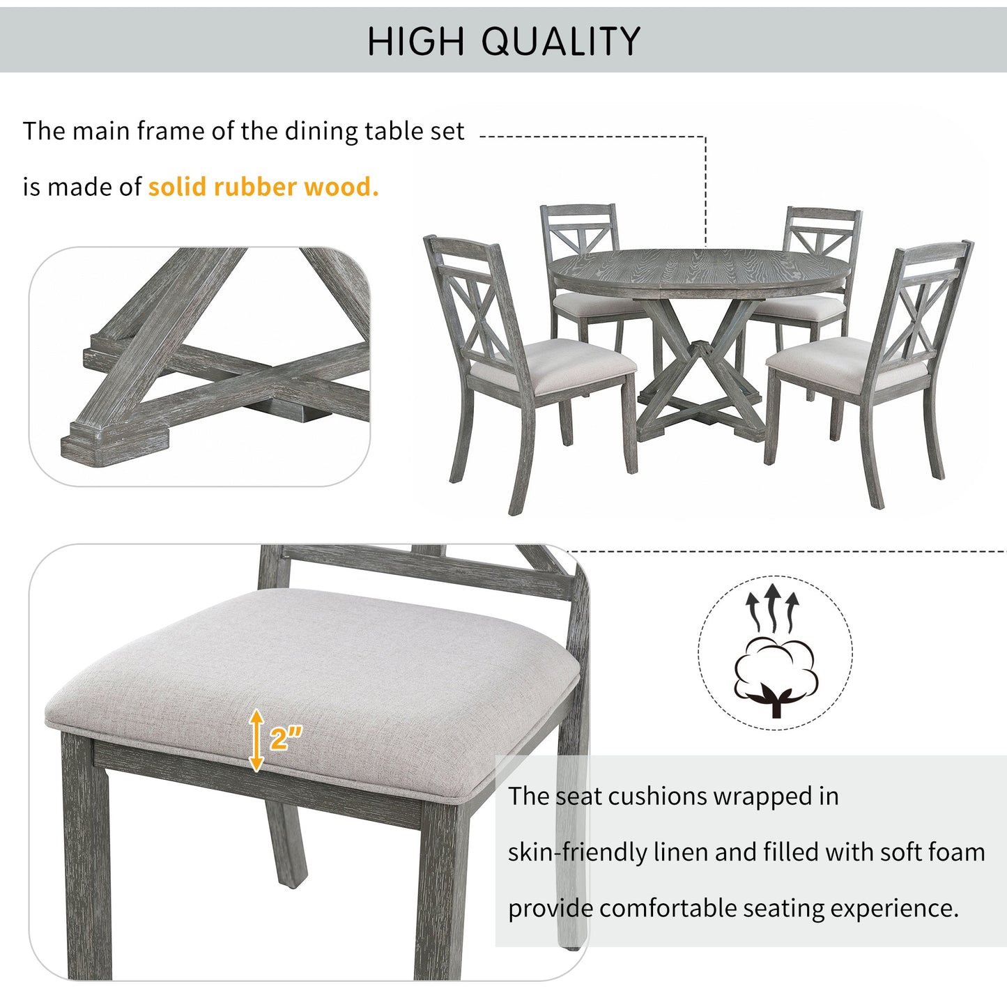 TREXM 5 - Piece Retro Functional Dining Table Set Extendable Round Table and 4 Upholstered Chairs for Dining Room and Living Room (Grey) - 1st Choice Furniture Direct