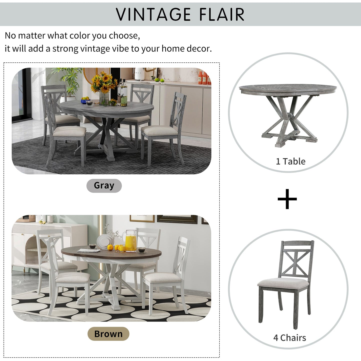 TREXM 5 - Piece Retro Functional Dining Table Set Extendable Round Table and 4 Upholstered Chairs for Dining Room and Living Room (Grey) - 1st Choice Furniture Direct