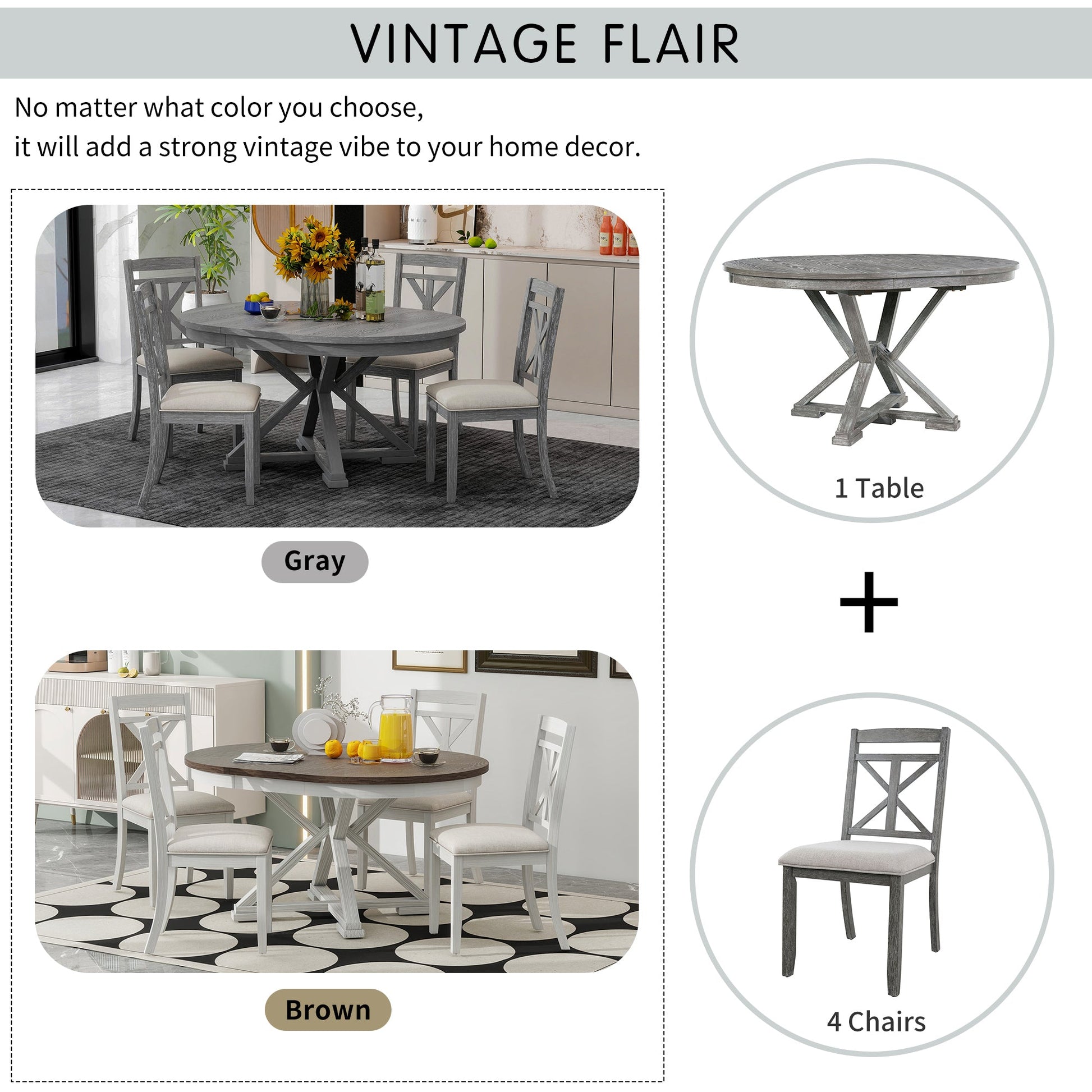TREXM 5 - Piece Retro Functional Dining Table Set Extendable Round Table and 4 Upholstered Chairs for Dining Room and Living Room (Grey) - 1st Choice Furniture Direct