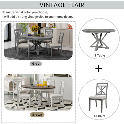 TREXM 5 - Piece Retro Functional Dining Table Set Extendable Round Table and 4 Upholstered Chairs for Dining Room and Living Room (Grey) - 1st Choice Furniture Direct
