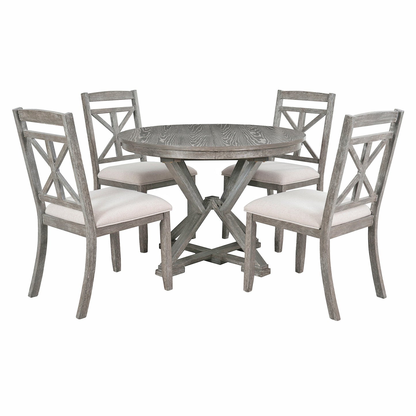 TREXM 5 - Piece Retro Functional Dining Table Set Extendable Round Table and 4 Upholstered Chairs for Dining Room and Living Room (Grey) - 1st Choice Furniture Direct