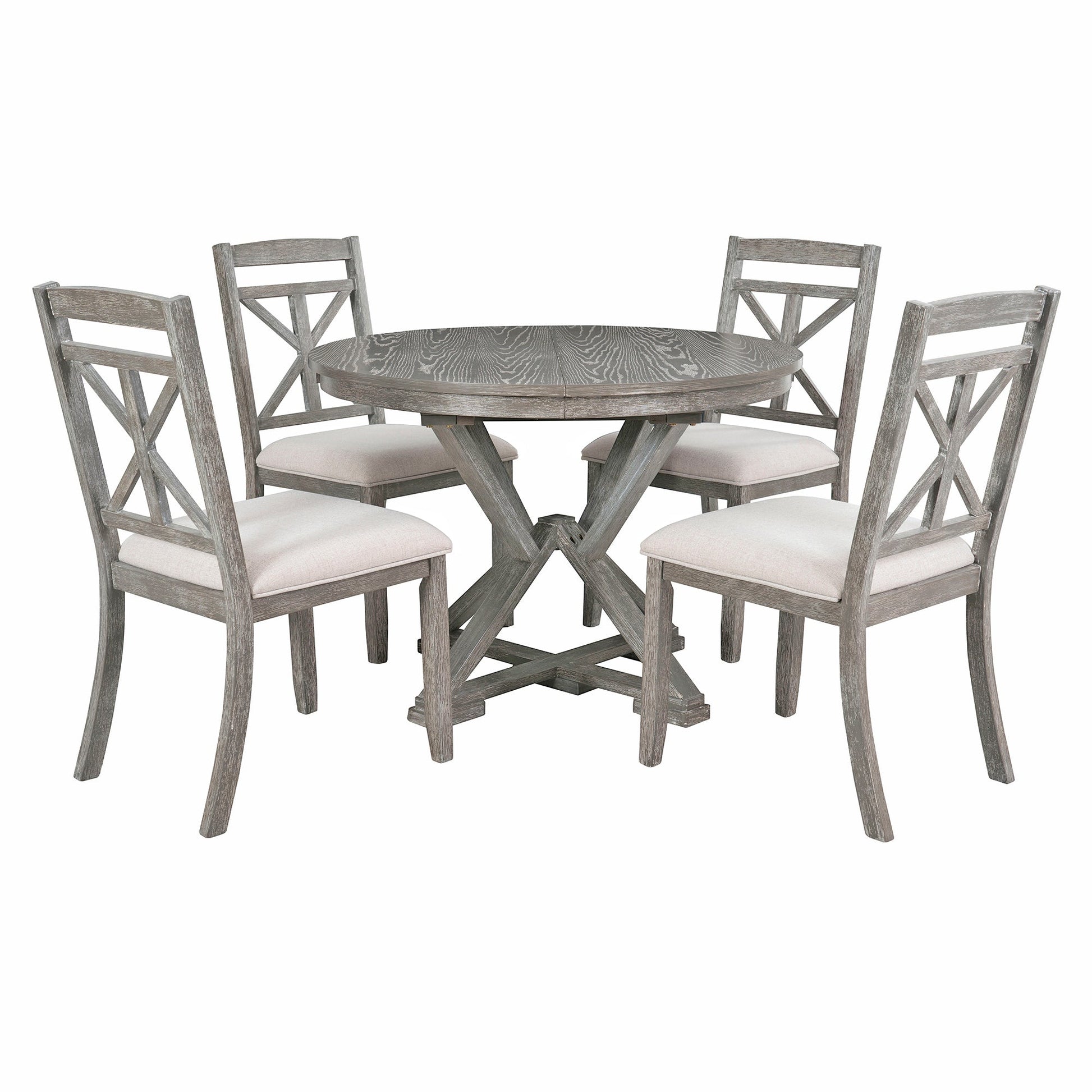 TREXM 5 - Piece Retro Functional Dining Table Set Extendable Round Table and 4 Upholstered Chairs for Dining Room and Living Room (Grey) - 1st Choice Furniture Direct