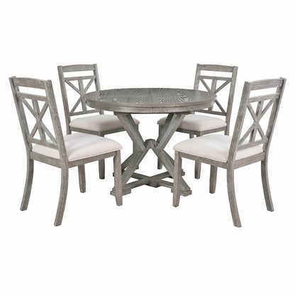 TREXM 5 - Piece Retro Functional Dining Table Set Extendable Round Table and 4 Upholstered Chairs for Dining Room and Living Room (Grey) - 1st Choice Furniture Direct