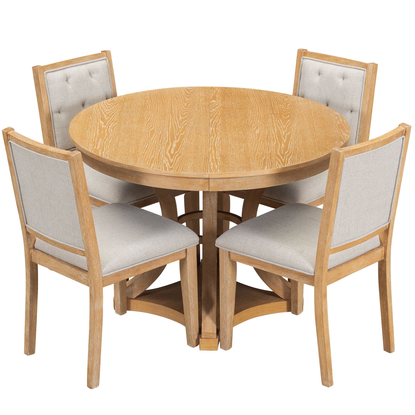 TREXM 5 - Piece Retro Functional Dining Table Set Extendable Round Table and 4 Upholstered Chairs for Dining Room and Living Room (Natural) - 1st Choice Furniture Direct