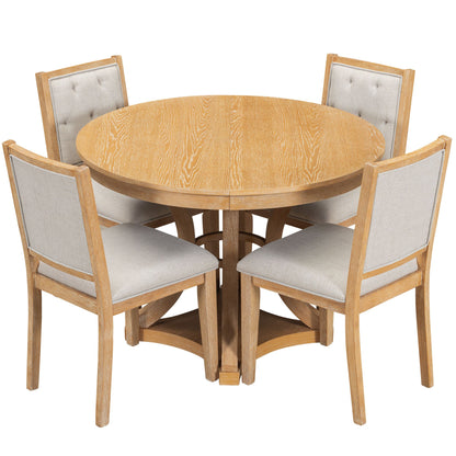 TREXM 5 - Piece Retro Functional Dining Table Set Extendable Round Table and 4 Upholstered Chairs for Dining Room and Living Room (Natural) - 1st Choice Furniture Direct