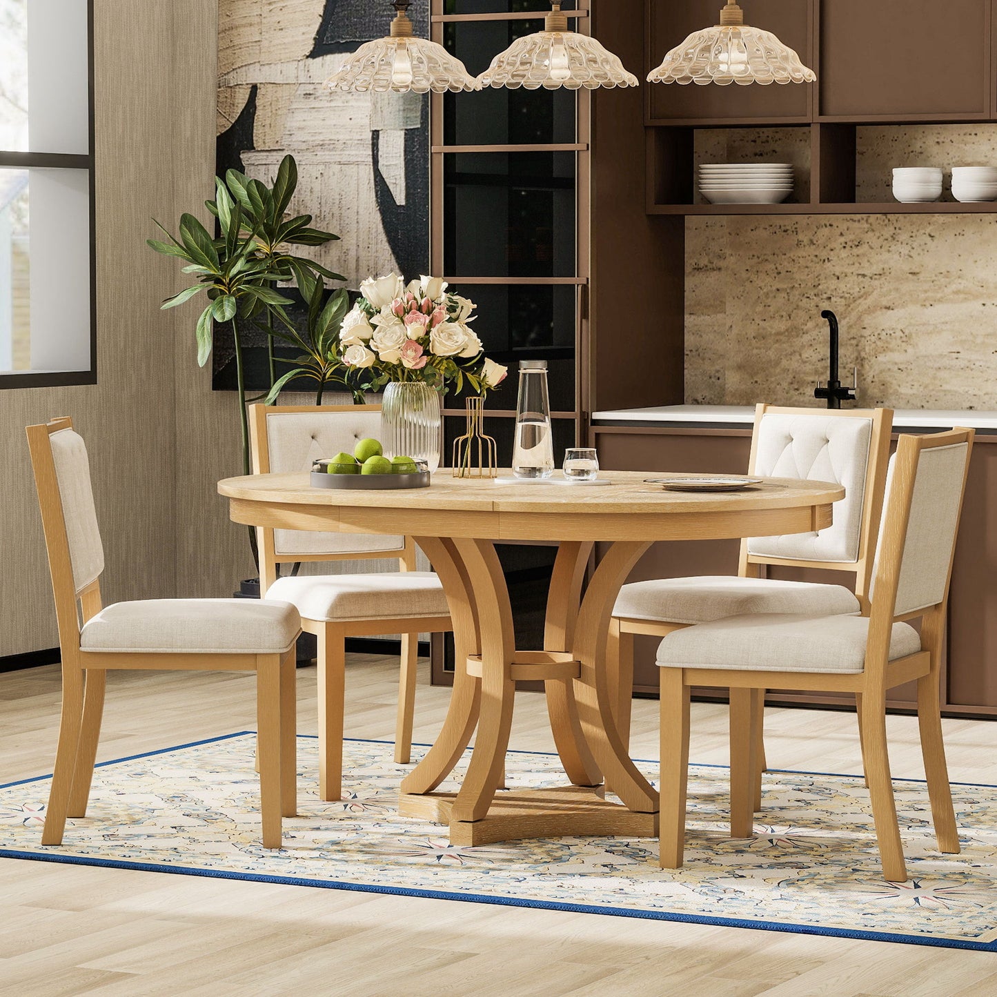 TREXM 5 - Piece Retro Functional Dining Table Set Extendable Round Table and 4 Upholstered Chairs for Dining Room and Living Room (Natural) - 1st Choice Furniture Direct