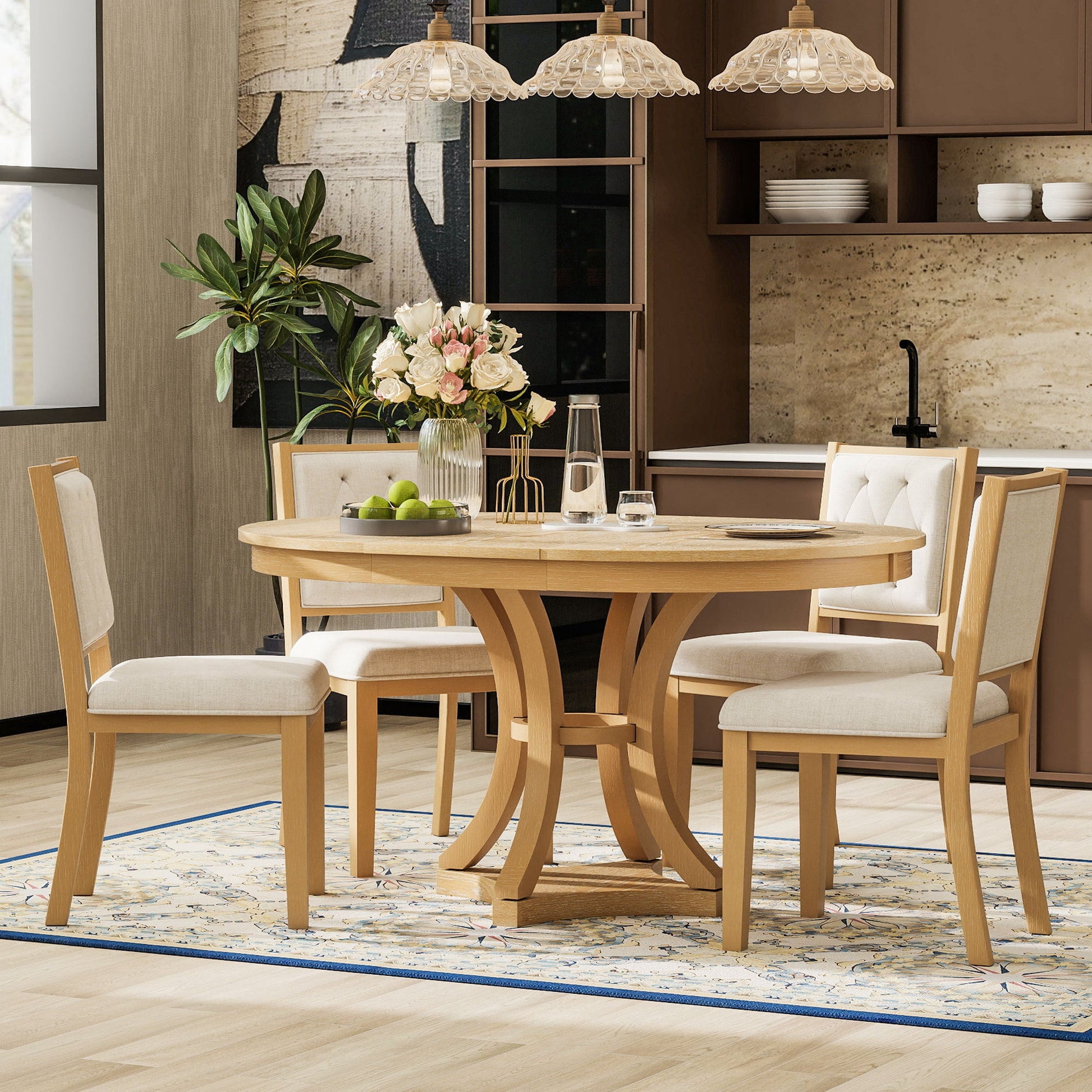 TREXM 5 - Piece Retro Functional Dining Table Set Extendable Round Table and 4 Upholstered Chairs for Dining Room and Living Room (Natural) - 1st Choice Furniture Direct