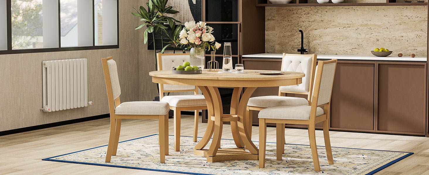 TREXM 5 - Piece Retro Functional Dining Table Set Extendable Round Table and 4 Upholstered Chairs for Dining Room and Living Room (Natural) - 1st Choice Furniture Direct