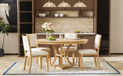 TREXM 5 - Piece Retro Functional Dining Table Set Extendable Round Table and 4 Upholstered Chairs for Dining Room and Living Room (Natural) - 1st Choice Furniture Direct