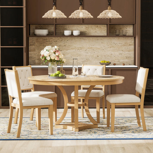 TREXM 5 - Piece Retro Functional Dining Table Set Extendable Round Table and 4 Upholstered Chairs for Dining Room and Living Room (Natural) - 1st Choice Furniture Direct