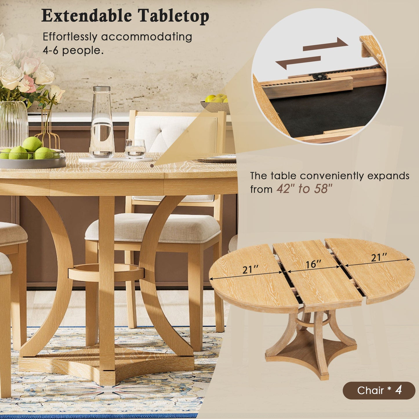 TREXM 5 - Piece Retro Functional Dining Table Set Extendable Round Table and 4 Upholstered Chairs for Dining Room and Living Room (Natural) - 1st Choice Furniture Direct